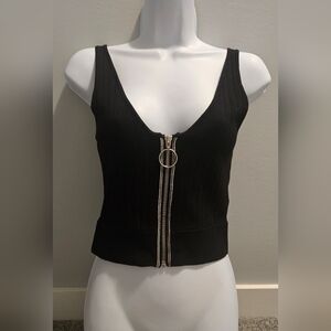 H&M Black Ribbed Knit Cropped Tank Top with Zipper - Size XS.